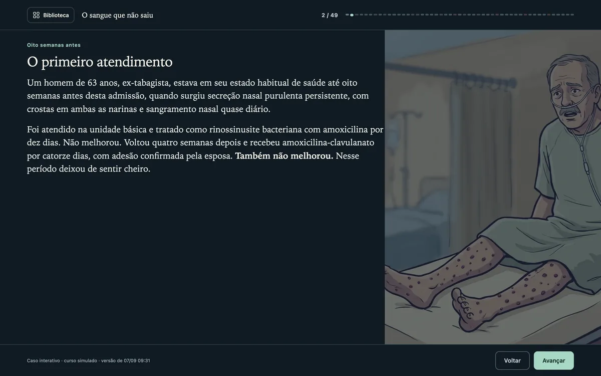 Slide da história da doença atual, com ilustração do paciente