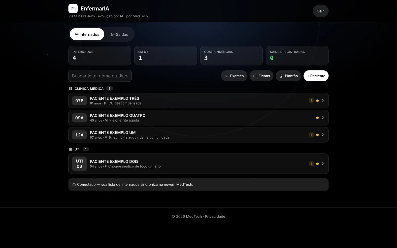 EnfermarIA no computador: lista de internados por setor com pendências