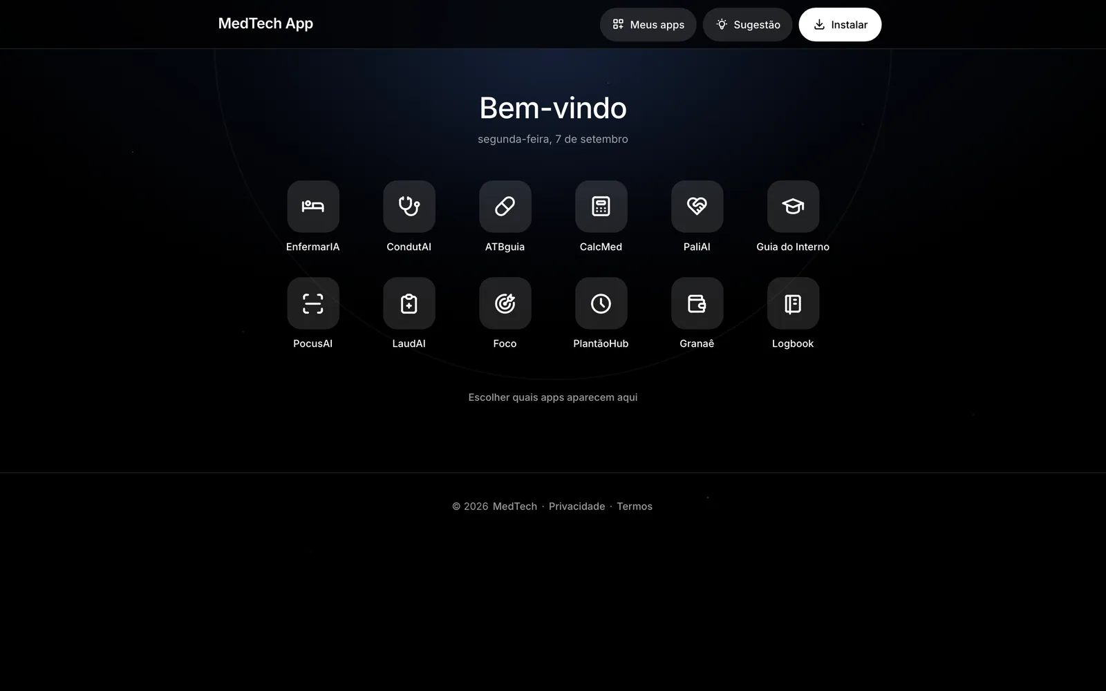 MedTech App: a página inicial com os apps do médico